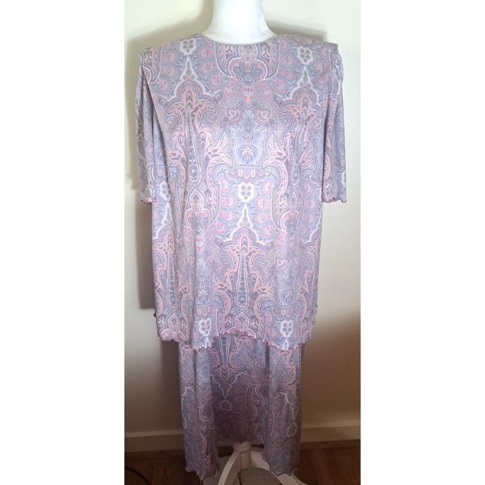 Vintage Sheath Dress Satin Pink Purple Pastel Tiered 1980s Paisley Print 2X